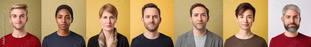 Obraz premium Global People diversity Collage Portraits, Each person close up shot in a flat squares background, portraits of multicultural people, Collage Showcasing the Many Faces and Stories of Males and Females