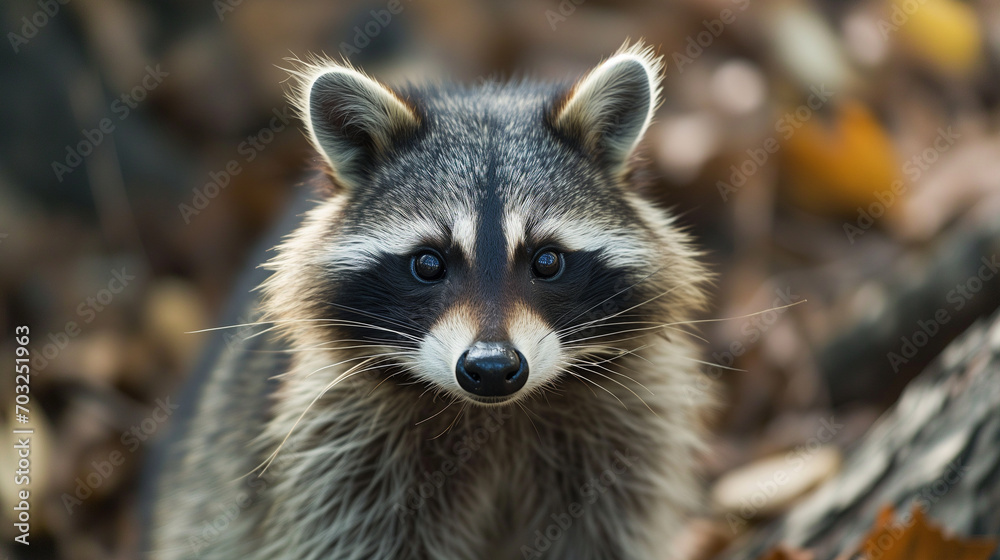 Raccoon with striking eyes in a leafy backdrop Raccoon with striking eyes in a leafy backdrop
