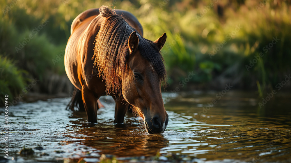 Fototapeta premium A bay horse drinks from a clear stream at golden hour.