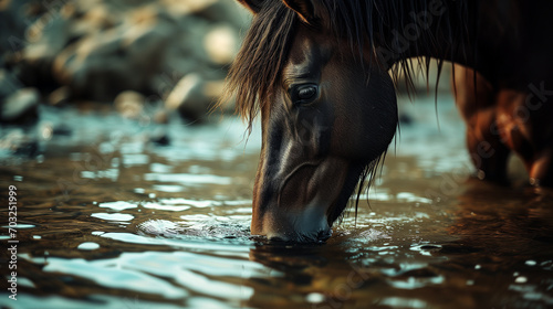 Close-up of a horse's muzzle drinking water from a river