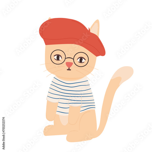 cute hand drawn cartoon character french parisian cat vector illustration isolated on white background