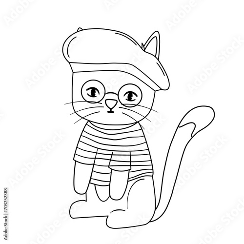 cute hand drawn black and white cartoon character french parisian cat vector illustration isolated on white background for coloring art