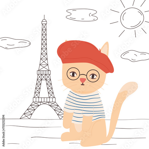 cute hand drawn cartoon character french parisian cat vector illustration with eiffel tower on background