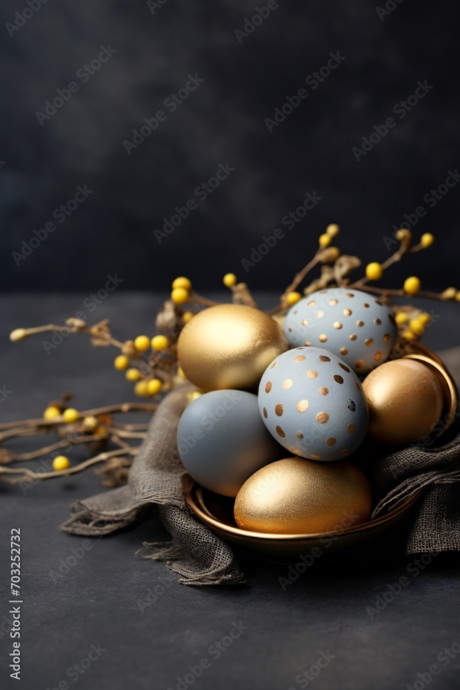 Fototapeta premium Colorful Easter eggs on dark gray background with golden decor, empty copy space Generative AI 