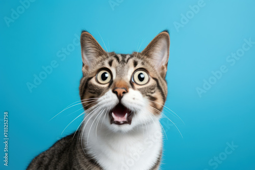 portrait of a surprised cat on blue color background