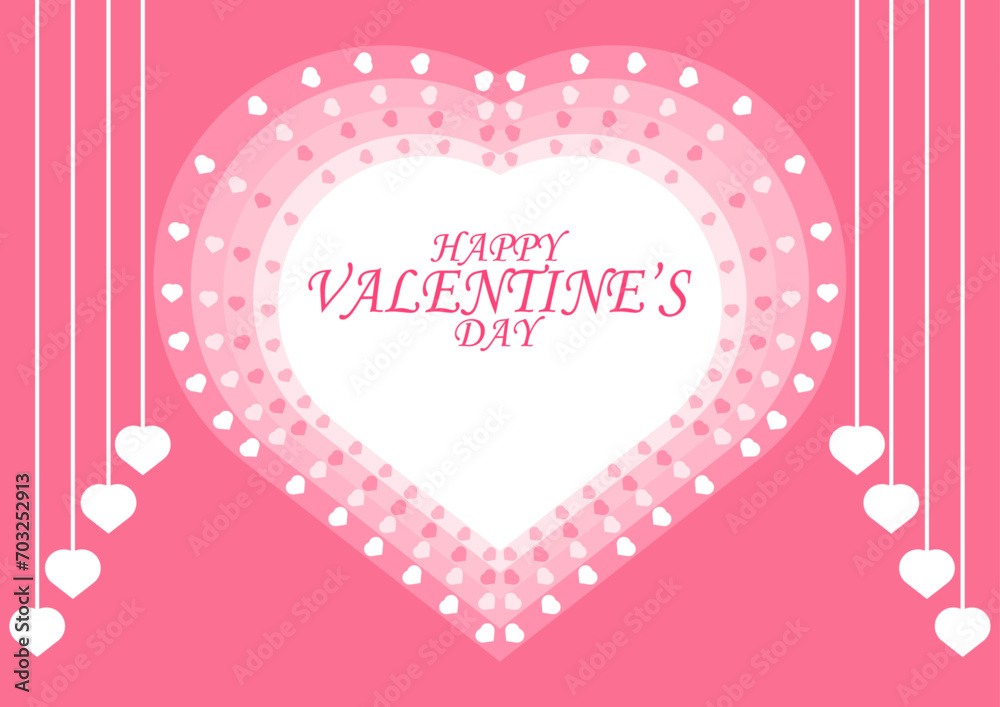 Happy Valentine's Day greeting card with hearts on pink background.