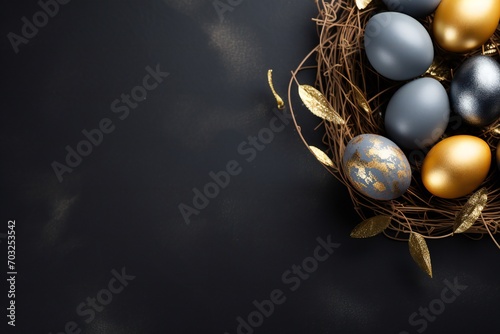 Colorful Easter eggs on dark gray background with golden decor, empty copy space Generative AI 