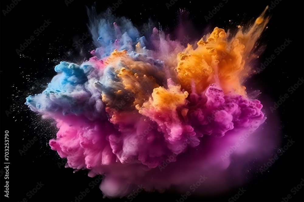 colorful powder is blowing in the air over black background and with copy space on right