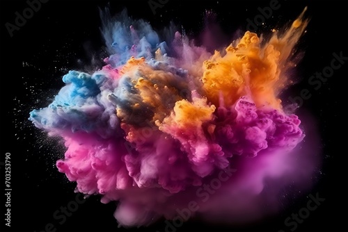 colorful powder is blowing in the air over black background and with copy space on right © Wirestock