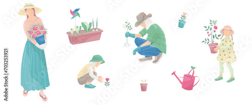 woman with flowers pot, man in a protective hat, kids boy and girl take measures against the solar radiation and UV ultraviolet during gardening