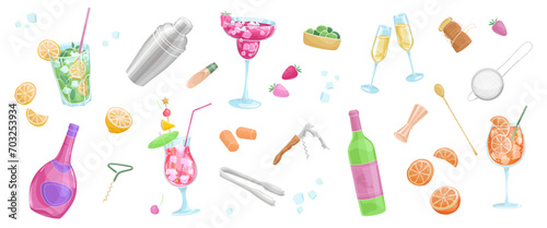 set elements about bar, cocktails, ice, corkscrew, shaiker, barman tools