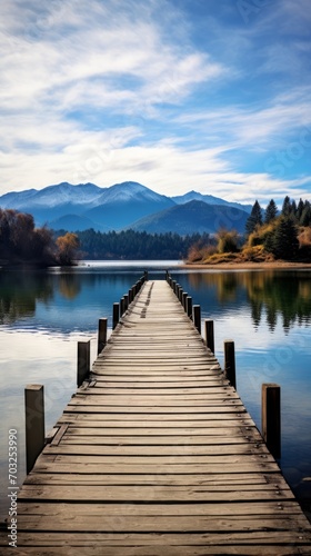 Wooden Dock and Majestic Mountain Landscape