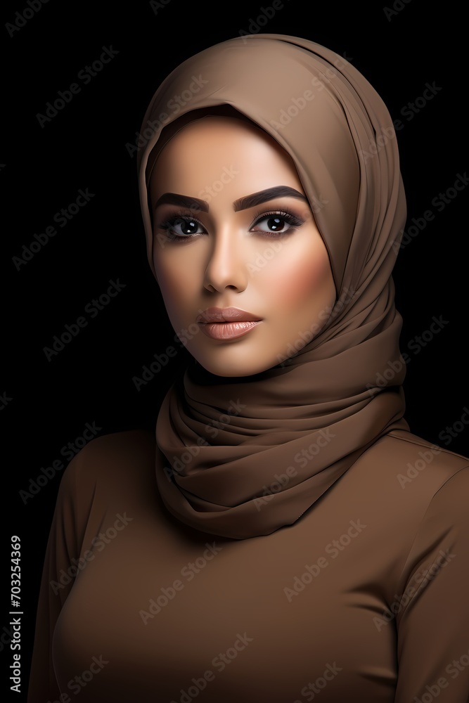 A mesmerizing image showcasing the elegance of a Muslim woman, her light makeup accentuating her natural features in a studio setting. A mesmerizing image showcasing the elegance of a Muslim woman, her light makeup accentuating her natural features in a studio setting.