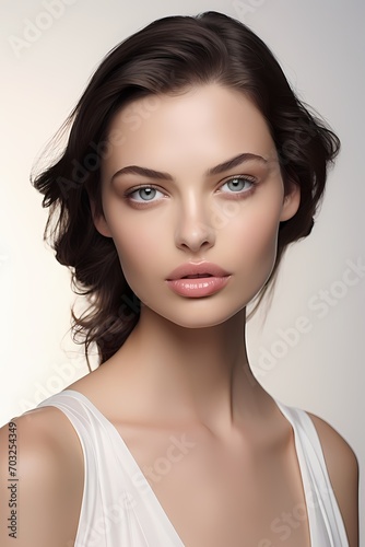 A mesmerizing image of a model radiating confidence and elegance with light makeup against a pristine white background  embodying timeless allure.