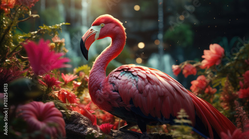 A flamingo surrounded by colorful flowers in a vibrant garden, generrative AI