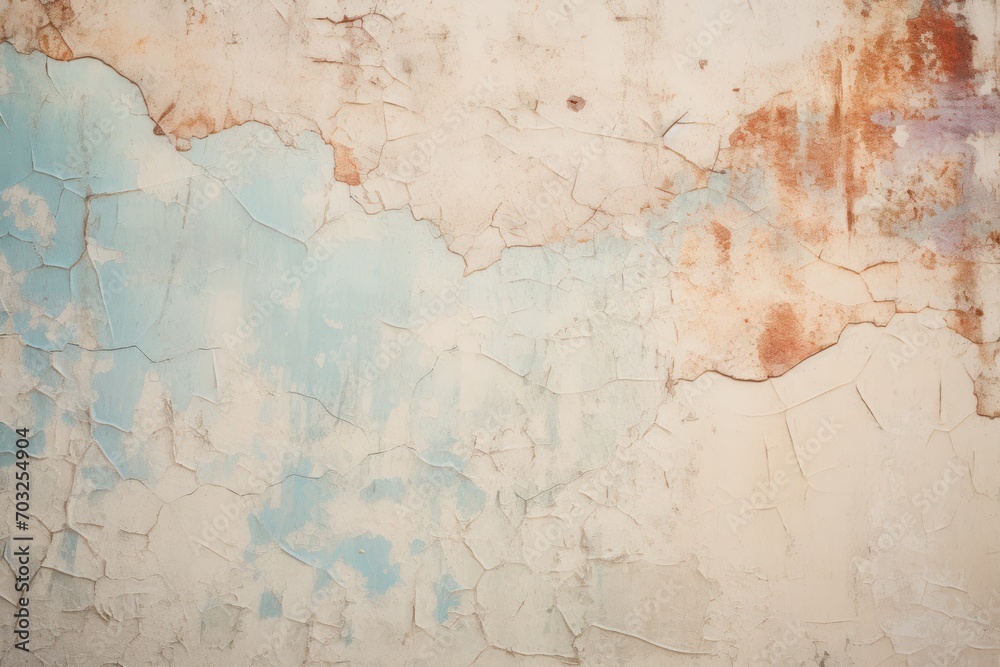 Textured wall with peeling pastel paint and crack patterns