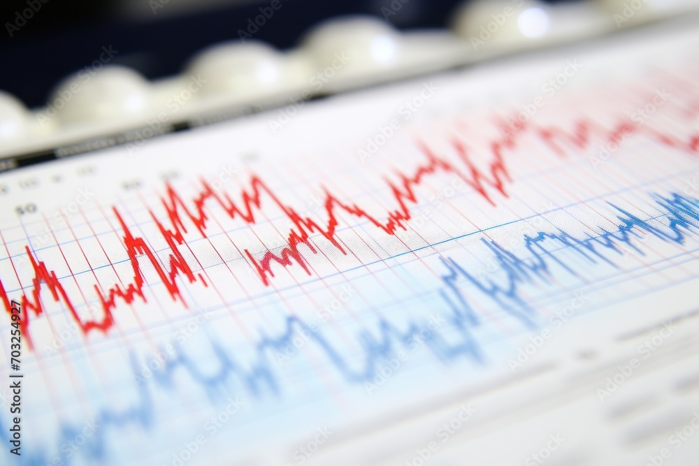 Close up of EKG printout peaks and troughs on paper background Close up of EKG printout peaks and troughs on paper background
