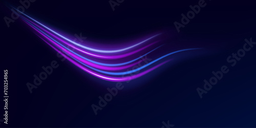 Light trail wave effect. Abstract motion lines, glowing headlights and optical fiber, PNG glow curve swirl, road car headlights and glowing white speed lines on a swirl light on the road. photo