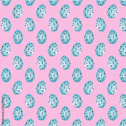 Easter seamless pattern for packaging and wrapping paper. Easter blue spotted quail eggs on a pink background. Hand drawn cartoon vector illustration for gift bags and tableware. Ornament kitchen.