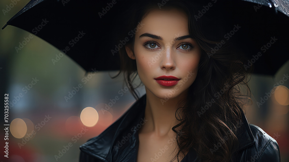 An attractive brunette designer in black stands in the rain, generative AI An attractive brunette designer in black stands in the rain, generative AI