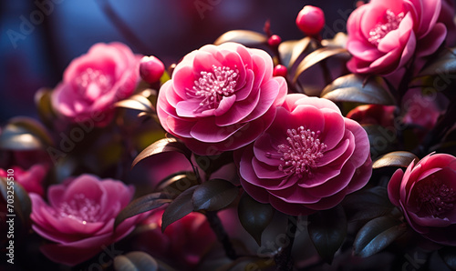 Elegant Pink Camellias Blooming in Dark Mystical Garden  Vivid Floral Display on Moody Background  Romantic Blossom Beauty