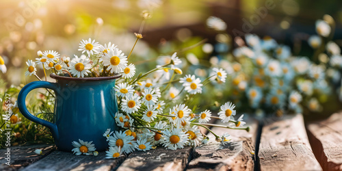 Charming Daisy Flowers in Blue Mug on Wooden Table with Blurry Meadow Background, Concept of Rustic Summer Bloom and Freshness