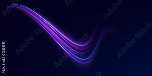 Light trail wave effect. Abstract motion lines, glowing headlights and optical fiber, PNG glow curve swirl, road car headlights and glowing white speed lines on a swirl light on the road. photo