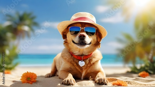 Dog in hat and sunglasses on the beach. Summer vacation concept.