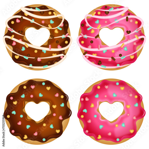 Chocolate and Strawberry Donuts - Top View of Heart-Shaped Pastries for Valentine's Day