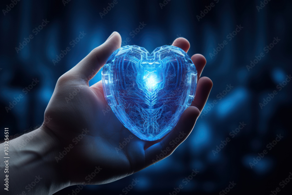 Man holds blue digital heart network in a hand. Humanity of modern technology and AI, health data science, medicine innovation, data visualization concept - obrazy, fototapety, plakaty 