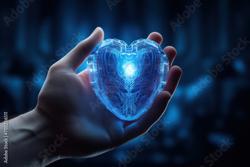 Man holds blue digital heart network in a hand. Humanity of modern technology and AI, health data science, medicine innovation, data visualization concept photo