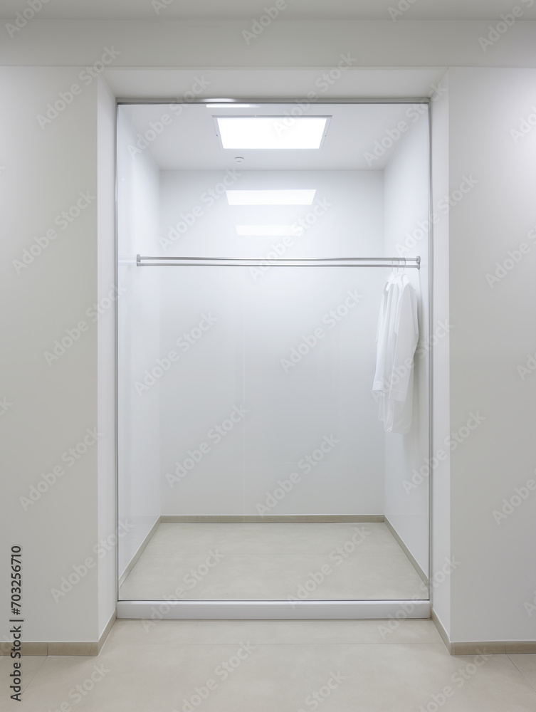 Empty white fitting room with some clothes on hanger Empty white fitting room with some clothes on hanger
