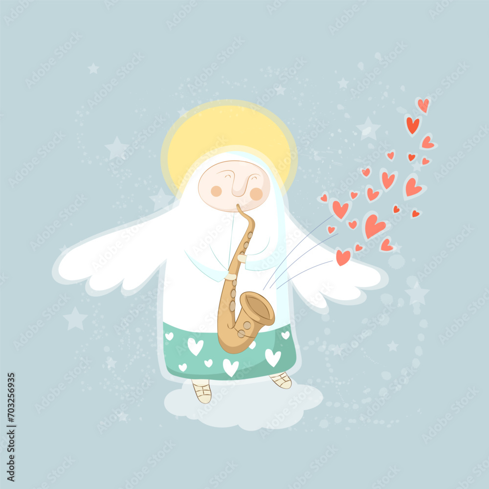 Cupid angel love character playing the saxophone vector illustration for Valentine day or wedding dating Cupid angel love character playing the saxophone vector illustration for Valentine day or wedding dating