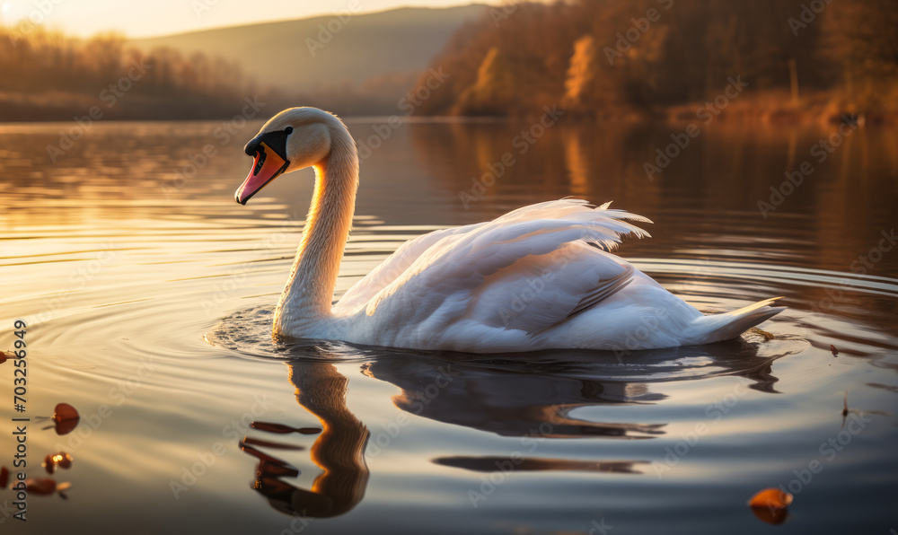 Obraz premium Majestic White Swan Gliding on a Tranquil Lake at Sunset, Golden Light Reflecting on Peaceful Waters