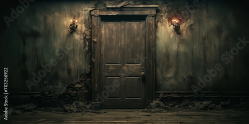 Mysterious Wooden Door on a Cracked, Distressed Wall in an Abandoned, Dark Room with a Moody Atmosphere