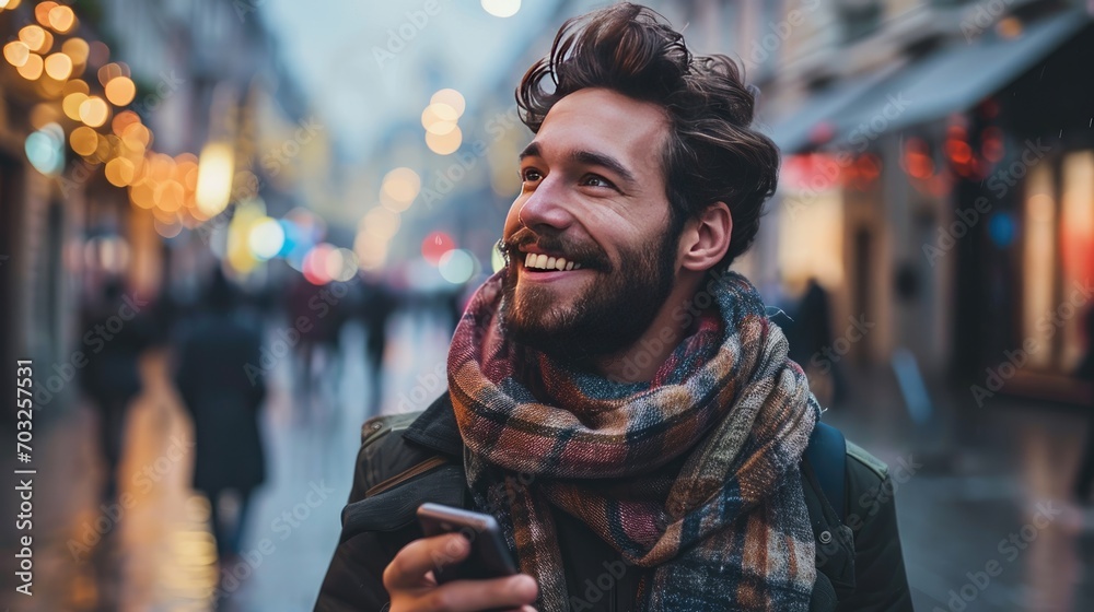 Closeup portrait of young Caucasian man holding smartphone on street