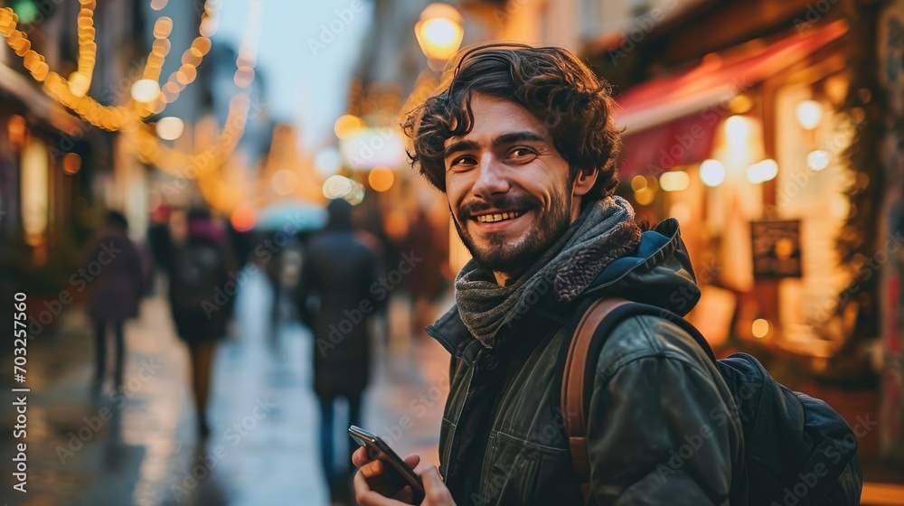 portrait of young man holding smartphone on the street