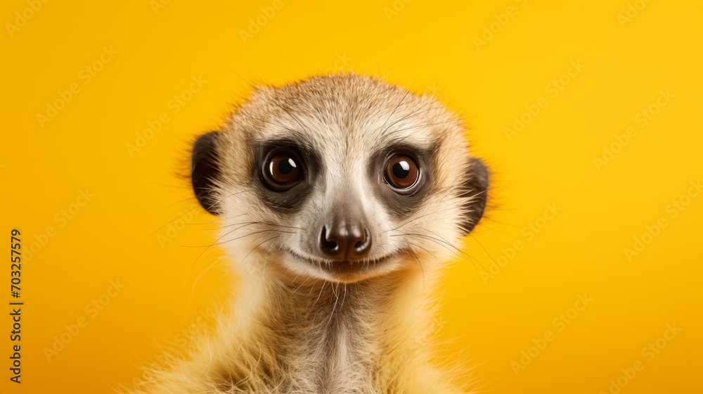 A happy meerkat smiling on plain orange studio background. Copy space for text. Fun Party Card concept. Generative AI image. A happy meerkat smiling on plain orange studio background. Copy space for text. Fun Party Card concept. Generative AI image.