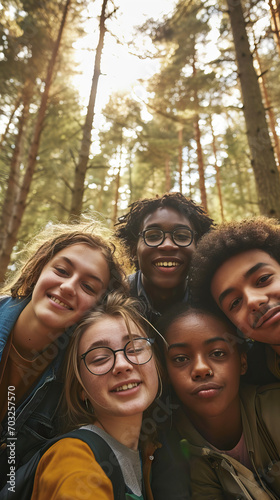 Forest Friends. Diverse Group of Teens Capturing the Essence of Friendship with a Joyful Selfie in the Heart of Nature