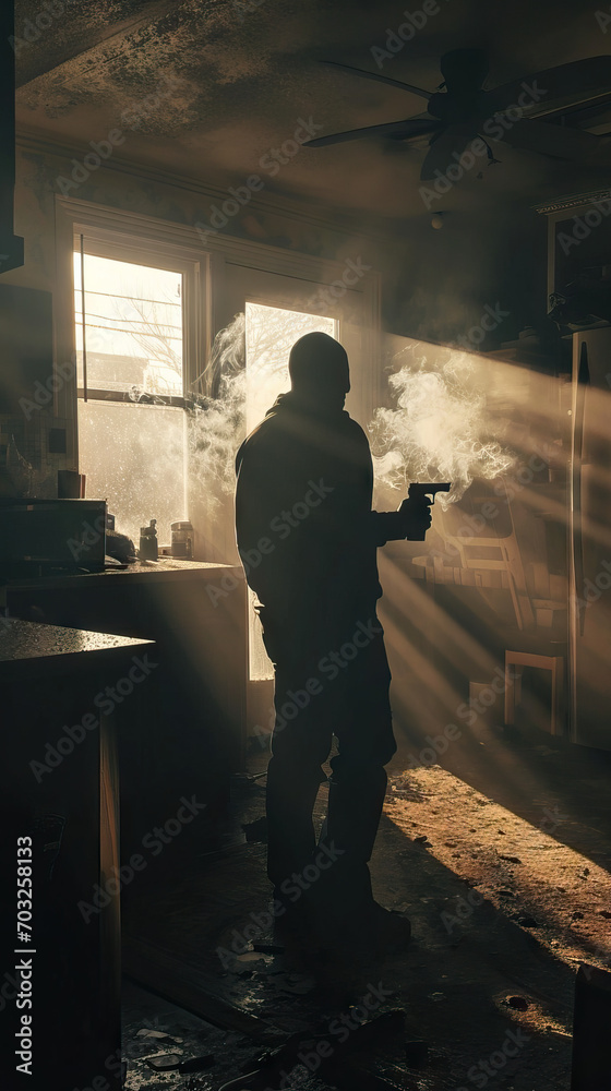 Fototapeta premium Man Holding a Gun and Cigarette in His NYC Apartment Kitchen, the Air Filled with Smoke, Capturing the Gritty Aura of City