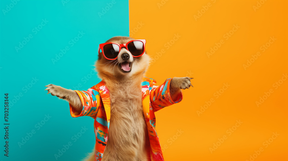 Happy pet with sunglasses and colorful fashion outfit dancing on dual colour background with copy space. Fun night party animal creative concept. Generative AI. - obrazy, fototapety, plakaty 