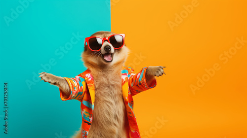 Happy pet with sunglasses and colorful fashion outfit dancing on dual colour background with copy space. Fun night party animal creative concept. Generative AI. photo