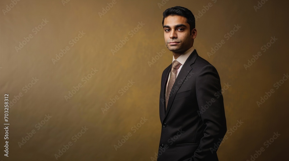 Fototapeta premium Astute South Asian Financial Advisor on Ochre Background