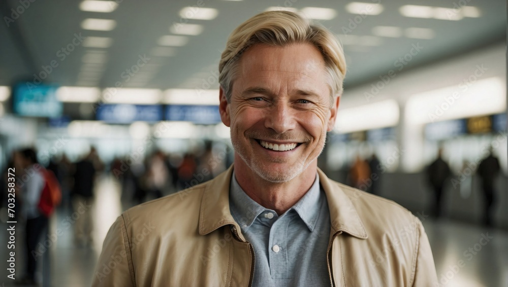 Cheerful Caucasian male with blond hair smiling warmly in a light brown jacket at an airport. Cheerful Caucasian male with blond hair smiling warmly in a light brown jacket at an airport.