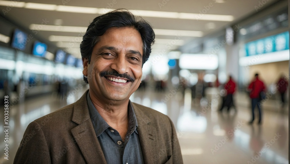 Cheerful South Asian businessman in a brown blazer smiling in an airport terminal.
