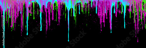 Abstract colorful grunge vector background with bright colors paint drips on black backdrop for cover design, invitation, poster, banner, flyer, cards. Futuristic texture illustration.