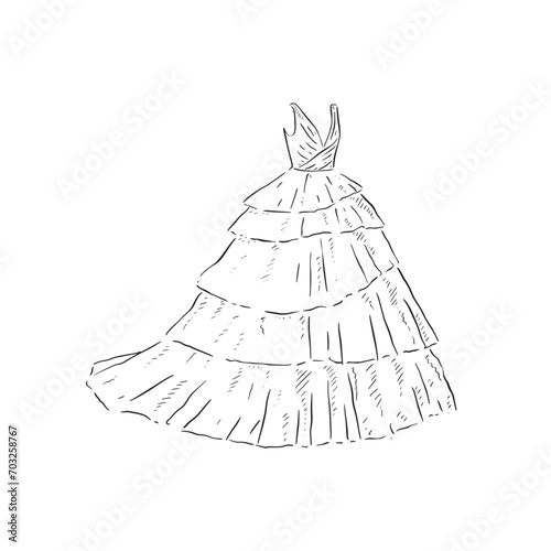 A line drawn illustration of a beautiful tuille layered dress, which could be used for bridal boutiques, wedding blogs and so much more. Vectorised for a wide range of uses.