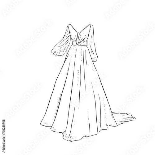 A line drawn illustration of an off the shoulder long sleeved dress, which could be used for bridal boutiques, wedding blogs and so much more. Vectorised for a wide range of uses.