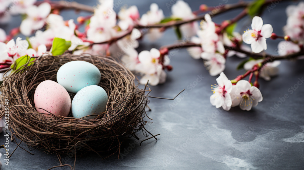 Easter Celebration with Pastel Eggs in Nest and Cherry Blossoms on Rustic Textured Background, Springtime Festivity Concept Easter Celebration with Pastel Eggs in Nest and Cherry Blossoms on Rustic Textured Background, Springtime Festivity Concept