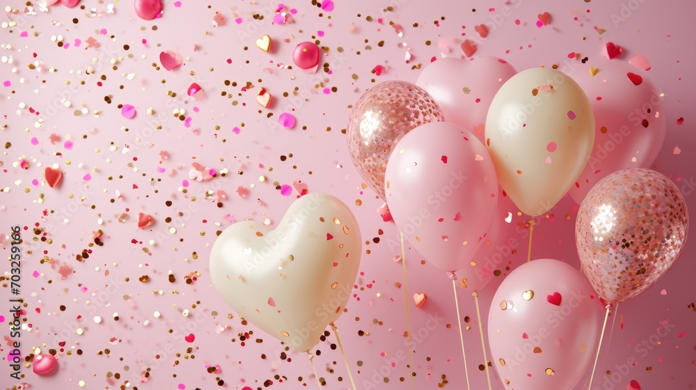 Background with helium balloons in the shape of a heart